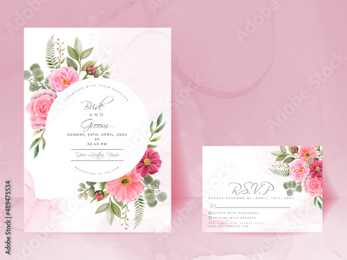 wedding invitation card set with beautiful pink flowers design