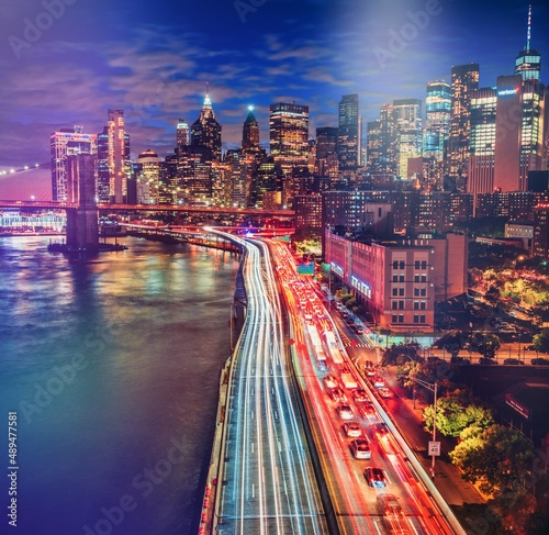 Photography city skyline at night Manhattan traffic New York City usa beautiful bridge light