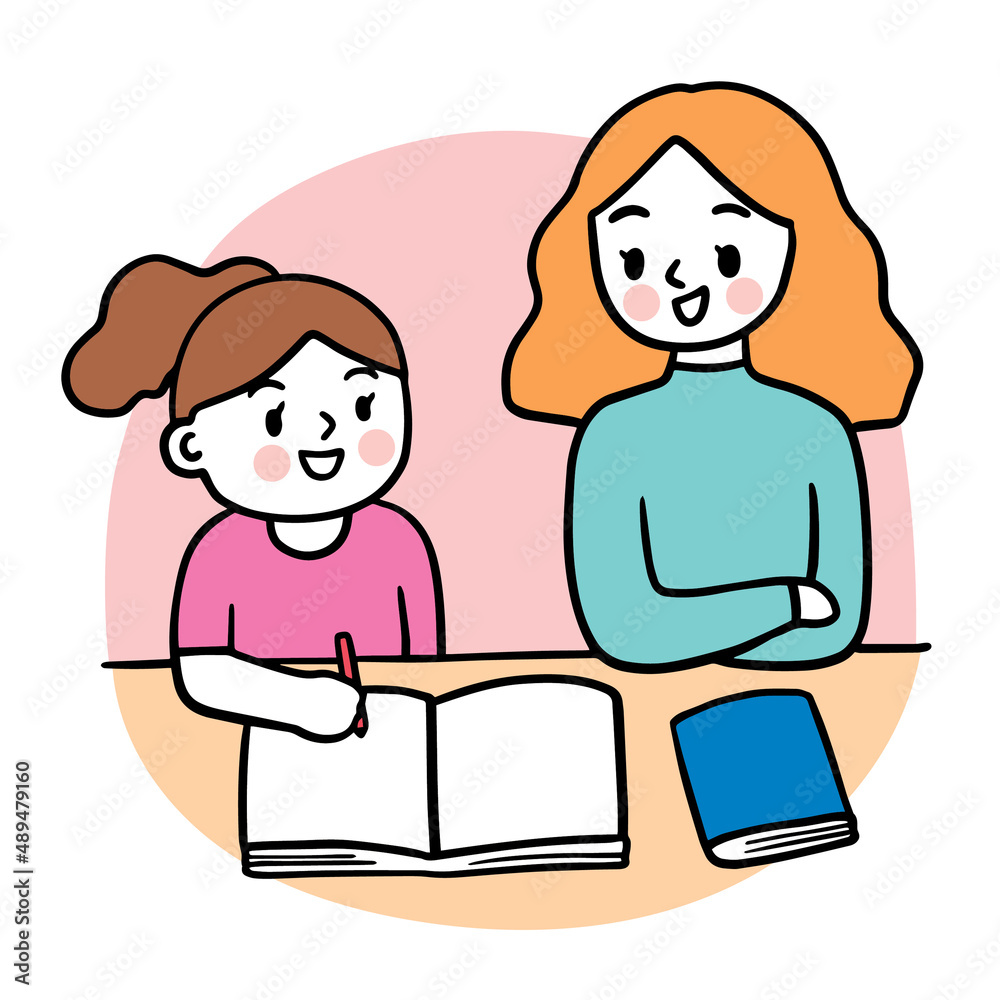 Cartoon cute teacher and student leaning vector.