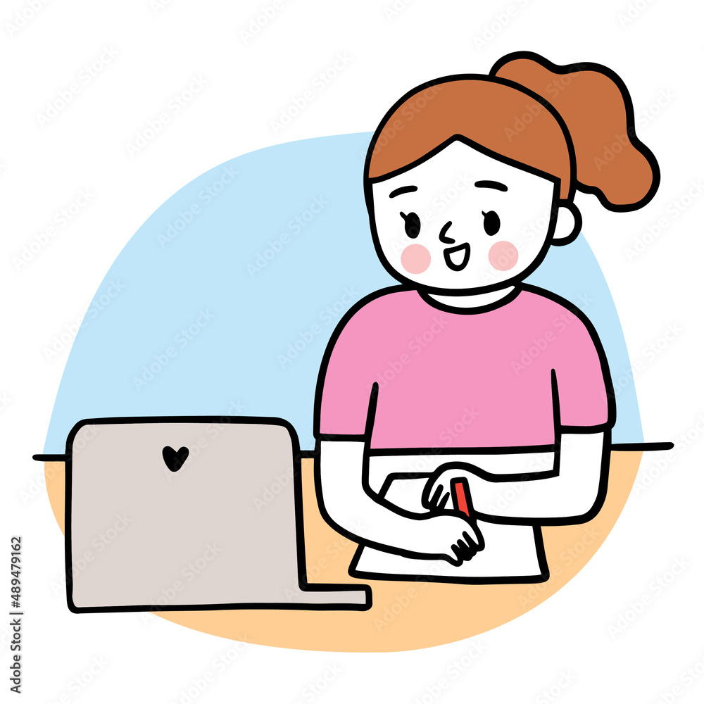 Cartoon cute education, Girl playing laptop vector. Cartoon cute education, Girl playing laptop vector.