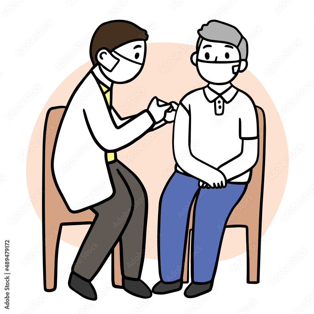 Cartoon cute elderly man and doctor vaccine vector.