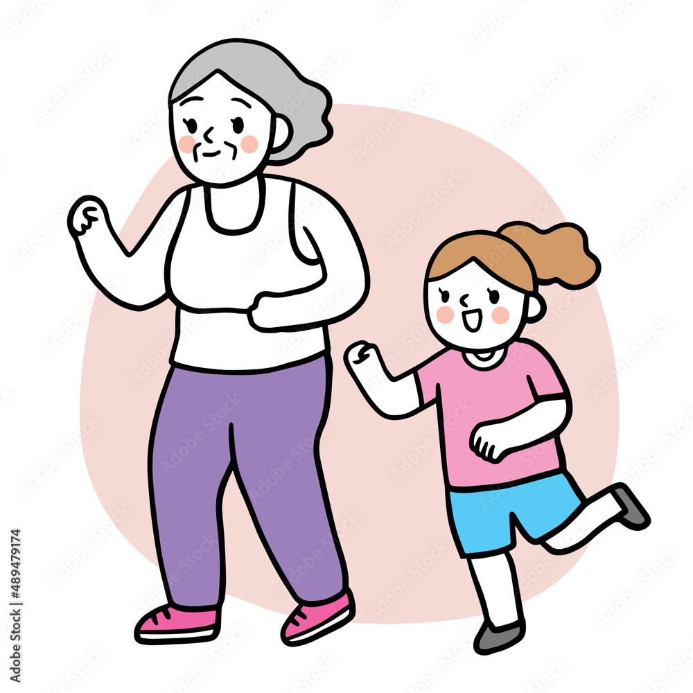 Cartoon cute elderly woman and girl exercise vector.