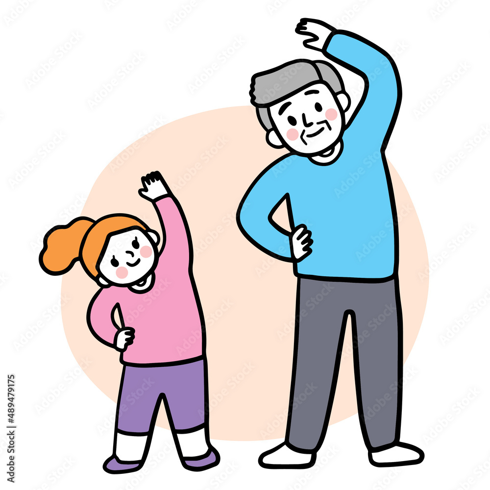 Cartoon cute elderly man and girl exercise vector. Cartoon cute elderly man and girl exercise vector.