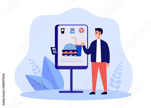 Male customer ordering junk food through self-service terminal. Man using self-ordering kiosk flat vector illustration. Fast food, technology concept for banner, website design or landing web page