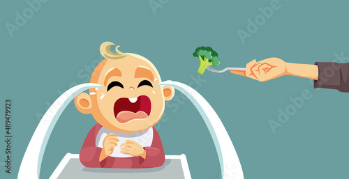 Baby Refusing to Eat Broccoli Vector Cartoon Illustration