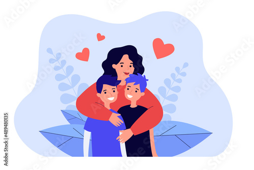 Cartoon mother hugging two teen sons. Smiling woman embracing boys flat vector illustration. Family, motherhood, love, care, relationship concept for banner, website design or landing web page
