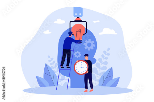 Tiny man putting lightbulb into big human head. Male character holding clock flat vector illustration. Deadline, brainstorming, startup concept for banner, website design or landing web page