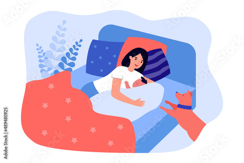 Smiling mother lying in bed while hugging little baby. Cute dog looking at woman with child flat vector illustration. Family, motherhood, care, pets concept for banner, website design or landing page