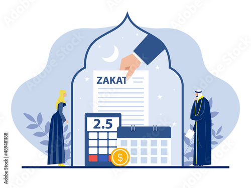  Hand gives notice pay Zaket financial,paperwork, financial research report and calculation of Zakt from profit on ramadan kareem flat vector illustrator.