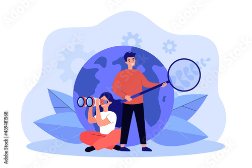 Employees searching for business or career opportunities. Man and woman with binoculars and magnifier in front of globe flat vector illustration. Global business, communication, investment concept