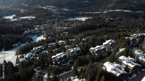 Aerial drone footage of luxury winter home near ski hill in Whistler, BC. 4K 24FPS. photo