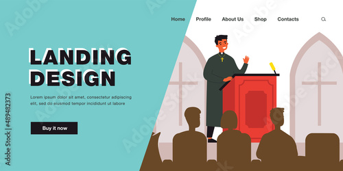 Catholic priest speaking on podium of church. Preaching of reverend father standing at tribune flat vector illustration. Religious speech concept for banner, website design or landing web page