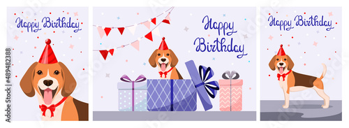 A set of greeting cards with a funny beagle dog. Happy birthday cartoon design. Vector illustration.
