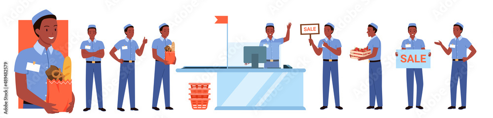Grocery retail store male employee at work set vector illustration ...