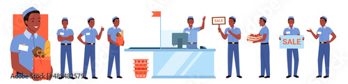 Grocery retail store male employee at work set vector illustration. Cartoon supermarket worker holding bag, basket or crate with food products, cashier at counter waiting for buyers isolated on white