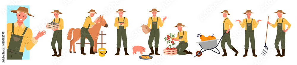 Farm works of male farmer set vector illustration. Cartoon young man in hat feeding animals, holding basket with organic harvest, working with pitchfork isolated on white. Agriculture, job concept Farm works of male farmer set vector illustration. Cartoon young man in hat feeding animals, holding basket with organic harvest, working with pitchfork isolated on white. Agriculture, job concept