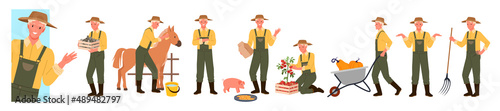 Farm works of male farmer set vector illustration. Cartoon young man in hat feeding animals, holding basket with organic harvest, working with pitchfork isolated on white. Agriculture, job concept