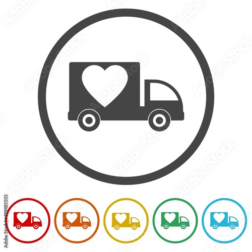 Delivery truck with heart ring icon, color set