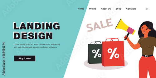 Business person advertising sale in online store. Woman holding megaphone flat vector illustration. Announcment of discounts, shopping promotion concept for banner, website design or landing web page photo