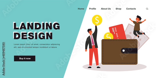 Father teaching son financial literacy. Tiny man and kid standing near wallet with money and credit card flat vector illustration. Savings concept for banner, website design or landing web page