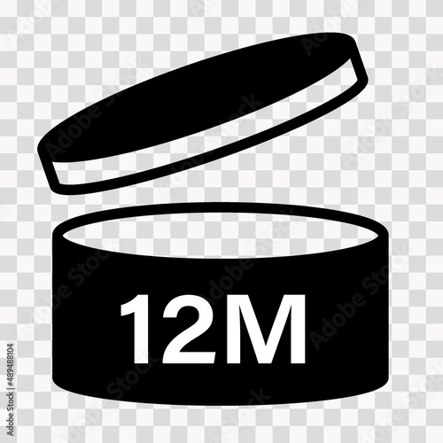 PAO cosmetic icon, mark of period after opening. Expiration time after package opened, black label. 12 month expirity on transparent background, vector illustration