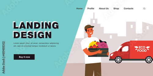 Courier holding box of vegetables near grocery truck. Man delivering organic products to clients home flat vector illustration. Eco food delivery concept for banner, website design or landing web page