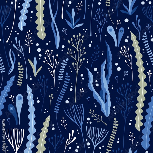 Seamless ornament with seaweed and bubbles on dark blue background. Underwater vector pattern.