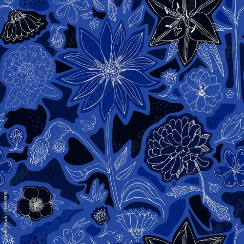 Floral seamless pattern with hand drawn white flowers on complex blue background