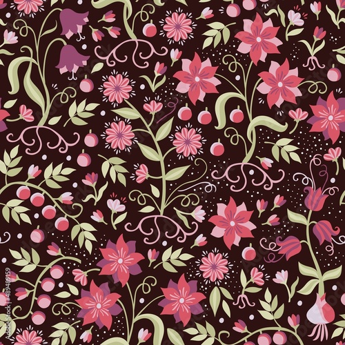 Beautiful romantic floral ditsy ornament with flowers in red and purple colors, berries, green leaves and small white spots isolated on black background. Great fabric for a dress.