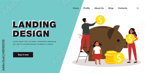 Family putting money coins in piggy bank. Tiny father, mother and child investing in future flat vector illustration. Family budget, savings concept for banner, website design or landing web page