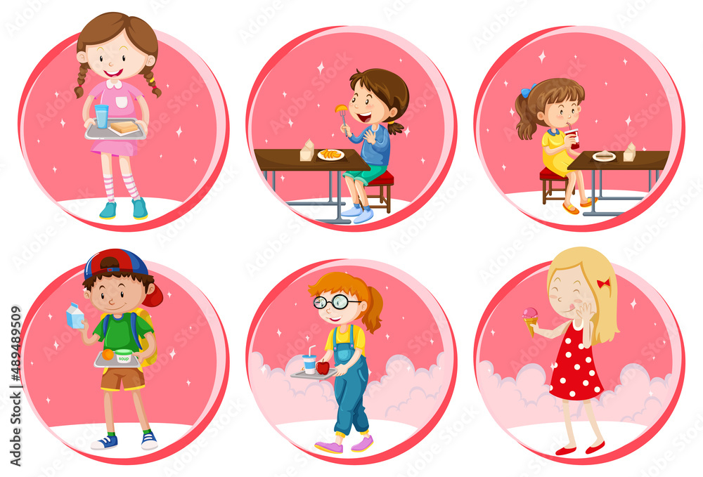 Set of Little boy and girl eating food on white background