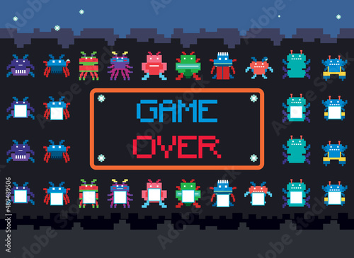 Pixel space game interface with game over button