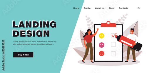 Customers working with survey list, feedback report on clipboard. Tiny man holding marker flat vector illustration. Questionnaire, priority concept for banner, website design or landing web page