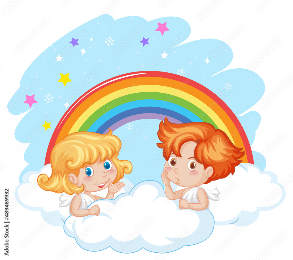 Angel boy and girl on a cloud with rainbow in the sky Angel boy and girl on a cloud with rainbow in the sky