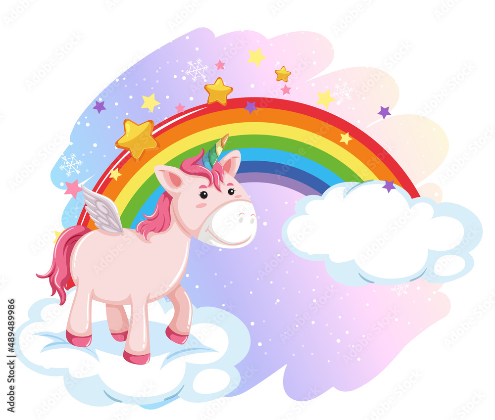 Pink unicorn standing on cloud with rainbow Pink unicorn standing on cloud with rainbow