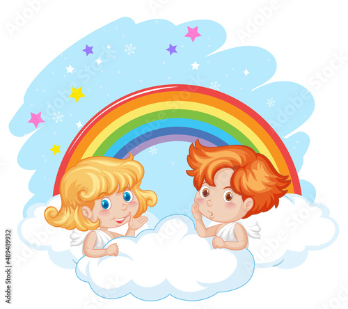 Angel boy and girl on a cloud with rainbow in the sky