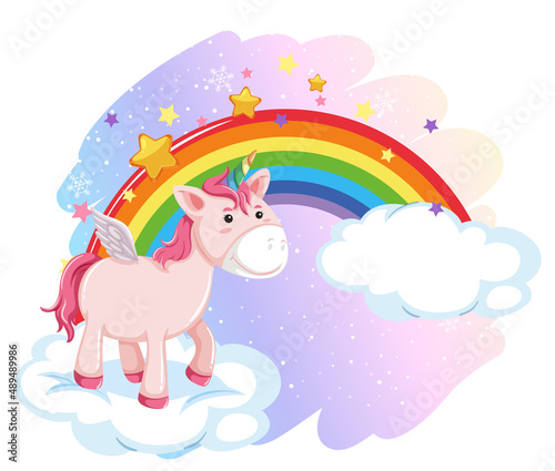 Pink unicorn standing on cloud with rainbow