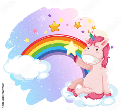 Pink unicorn sitting on a cloud with rainbow