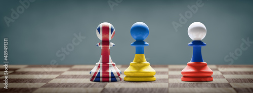 Ukraine, UK and Russia conflict. 3D illustration.