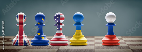 Ukraine, US, UK, EU and Russia conflict. 3D illustration.