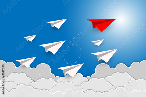 Paper plane are competition to destination up to the sky go to success goal. business financial concept. leadership. creative idea. Paper cut.