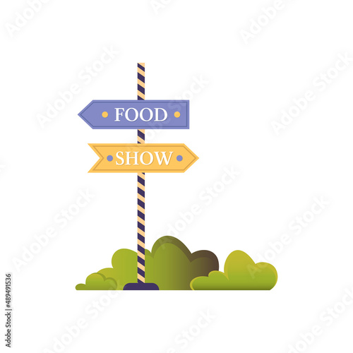 Carnival signpost with text in the bushes. Colorful flat illustration isolated on white background. Amusement park concept.