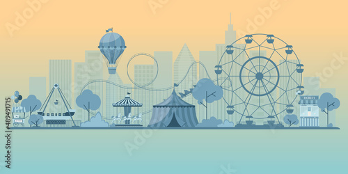 Monochrome vector background of amusement park. Urban landscape with ferris wheel,carouses, roller coaster and air balloon. Amusement park theme vector illustration.