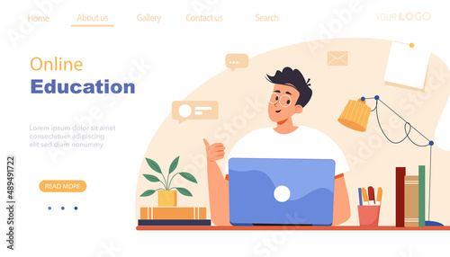 Study online landing page template, modern student or learner studying remotely from home, online student. Online education, training and courses, learning. Modern vector illustration in flat style.