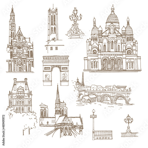 Paris  France. Vector sketch old town. Hand drawn public and religious buildings  urban elements.