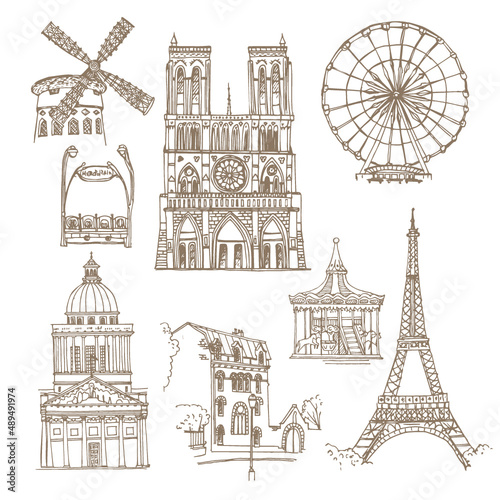  Paris, France. Vector sketch of the old city. Manual public and religious buildings, attractions, entrance station