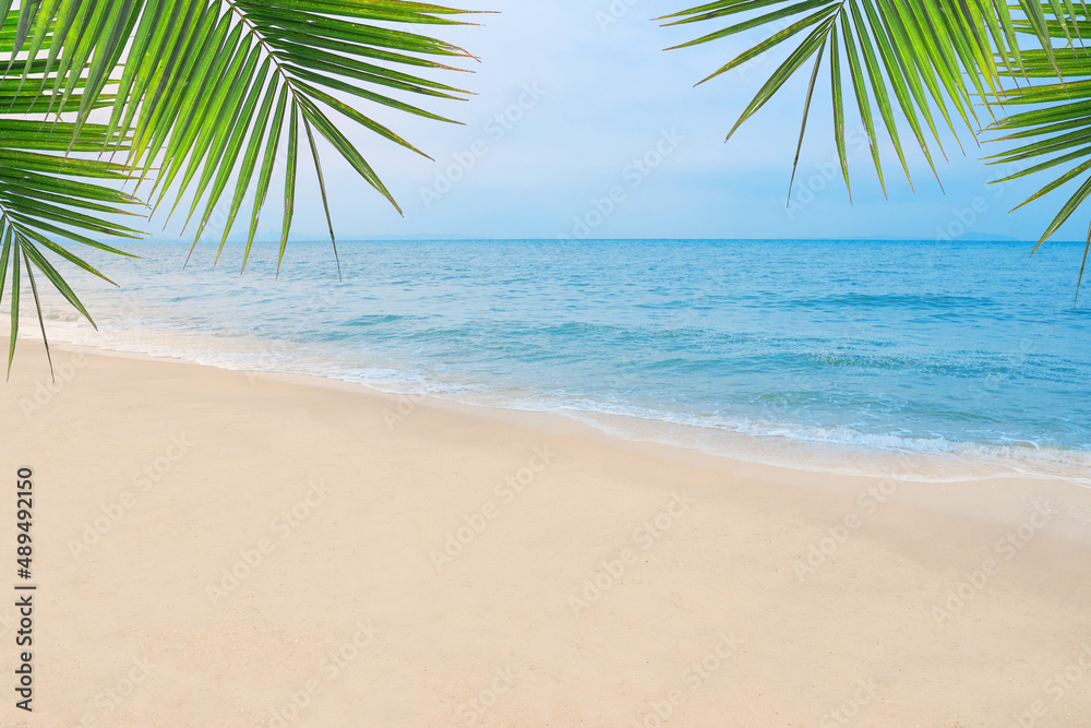 Sand with Palm and tropical beach and sea background. Summer vacation and travel concept.