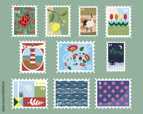 Post stamps with animals and plants cartoon illustration set. Collection of beautiful cute postage stamps on nature theme for envelopes. Mail, post office concept