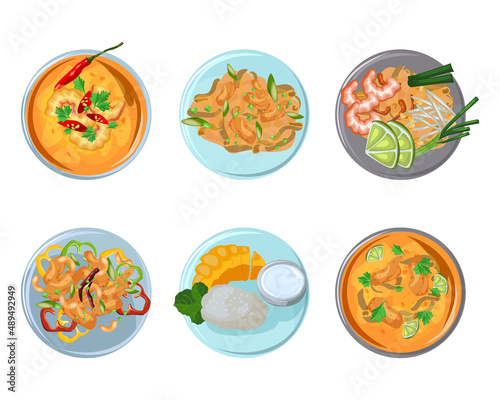 Thai food on plates set. Vector illustrations of spicy Asian traditional dishes. Cartoon top view of sticky mango rice, curry with shrimp and salad isolated on white. Cuisine of Thailand concept