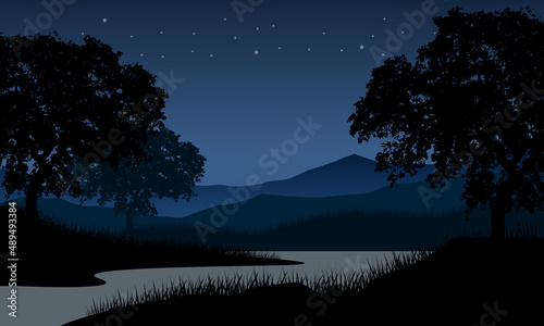 An beautiful mountain view at night from the lakeside with the silhouettes of pine trees around © City